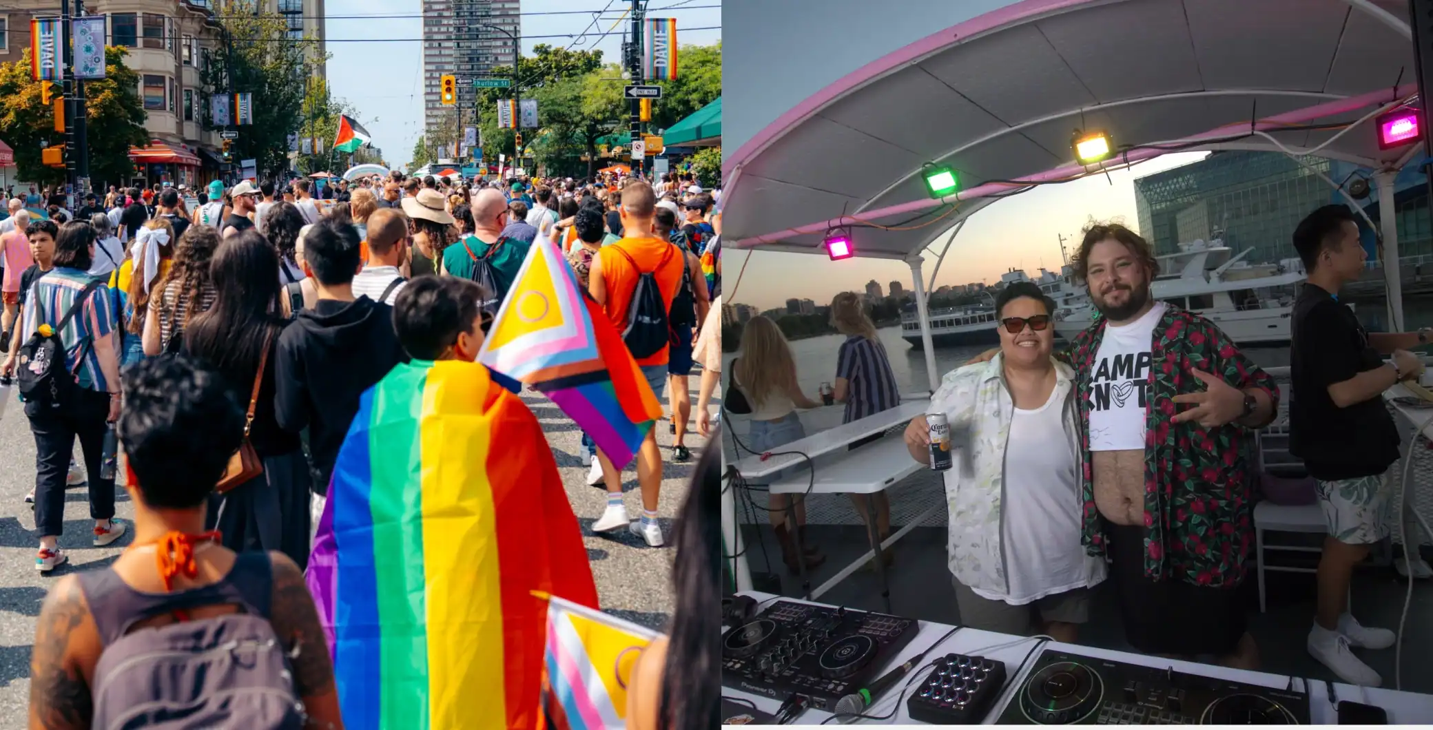 Vancouver Pride parade with rainbow flags and diverse crowd celebrating.