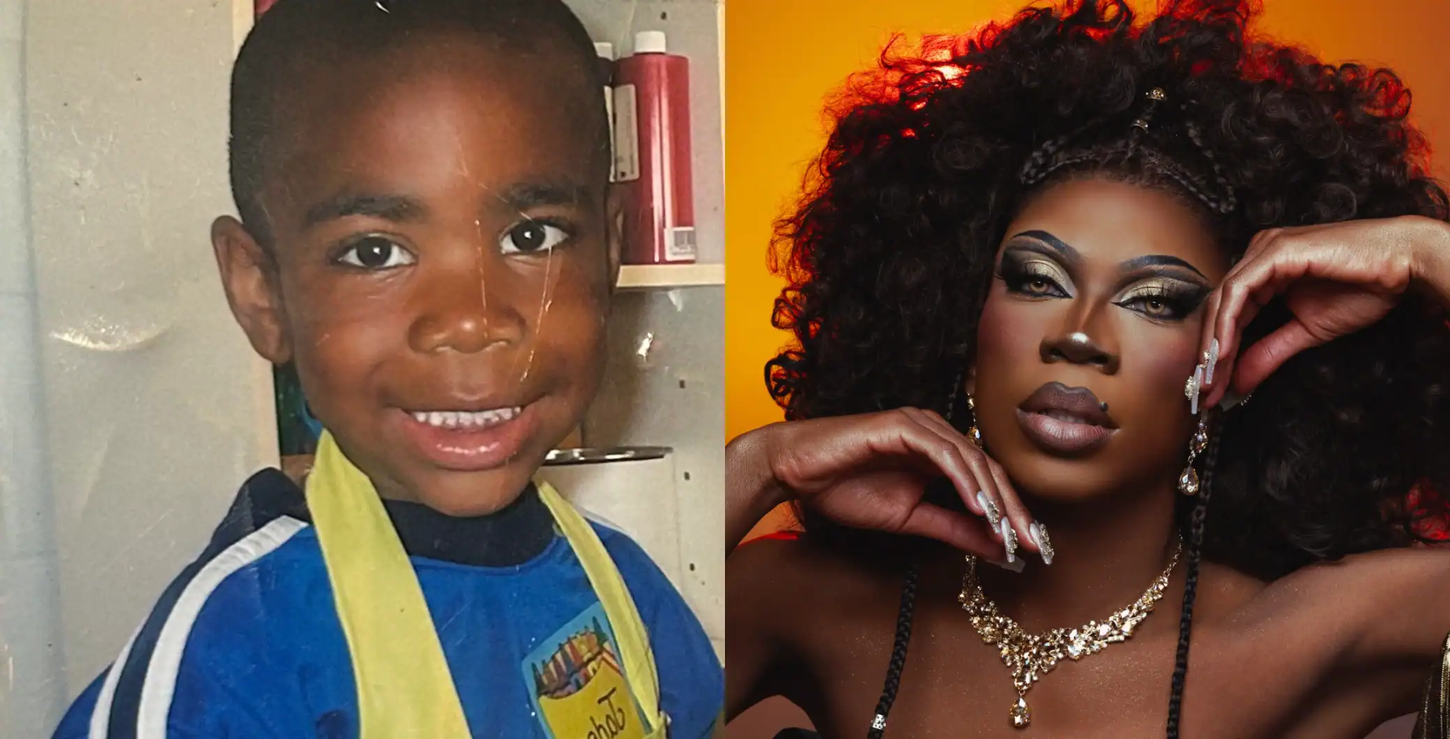 Side-by-side images of a young boy and a drag performer with curly hair.