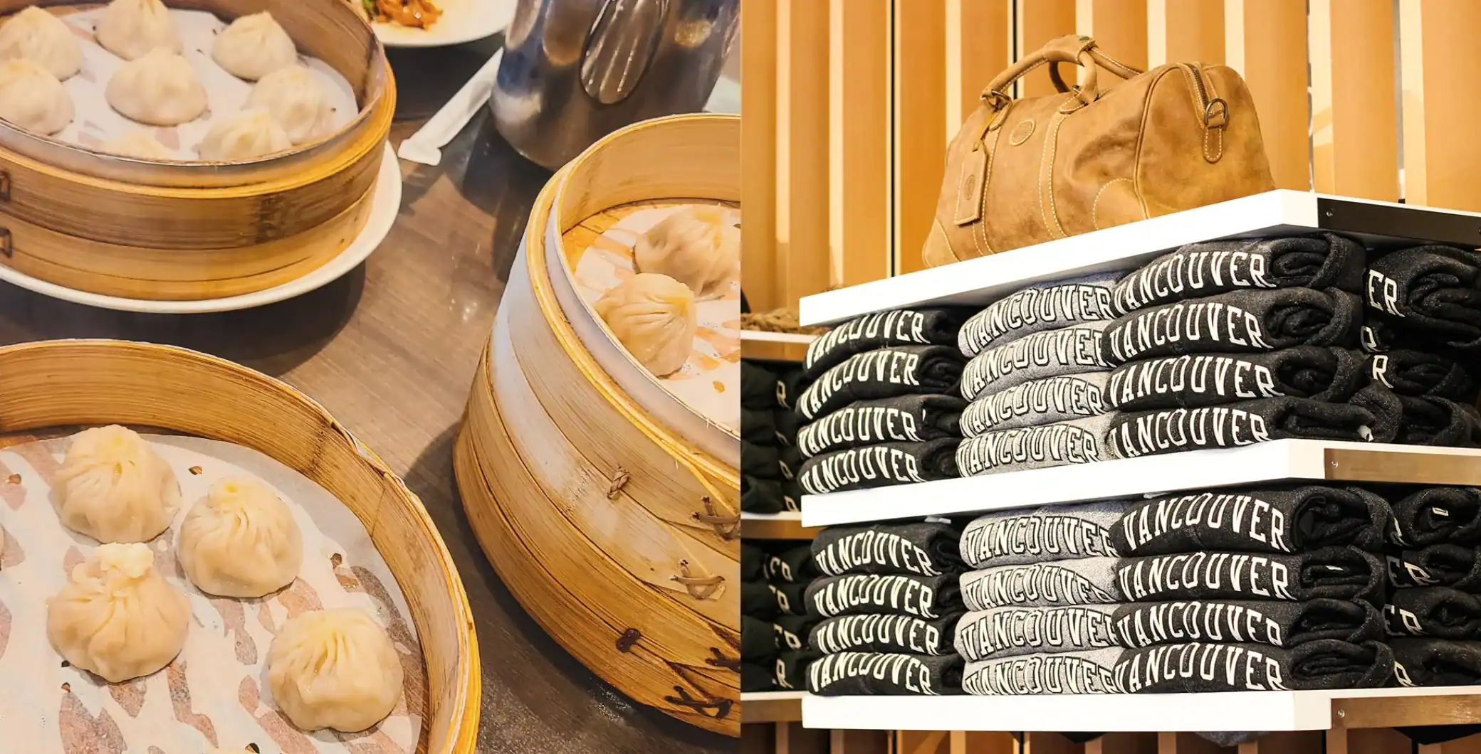 Dim sum dumplings and Vancouver Vancouver T-shirts on display at Robson Street.