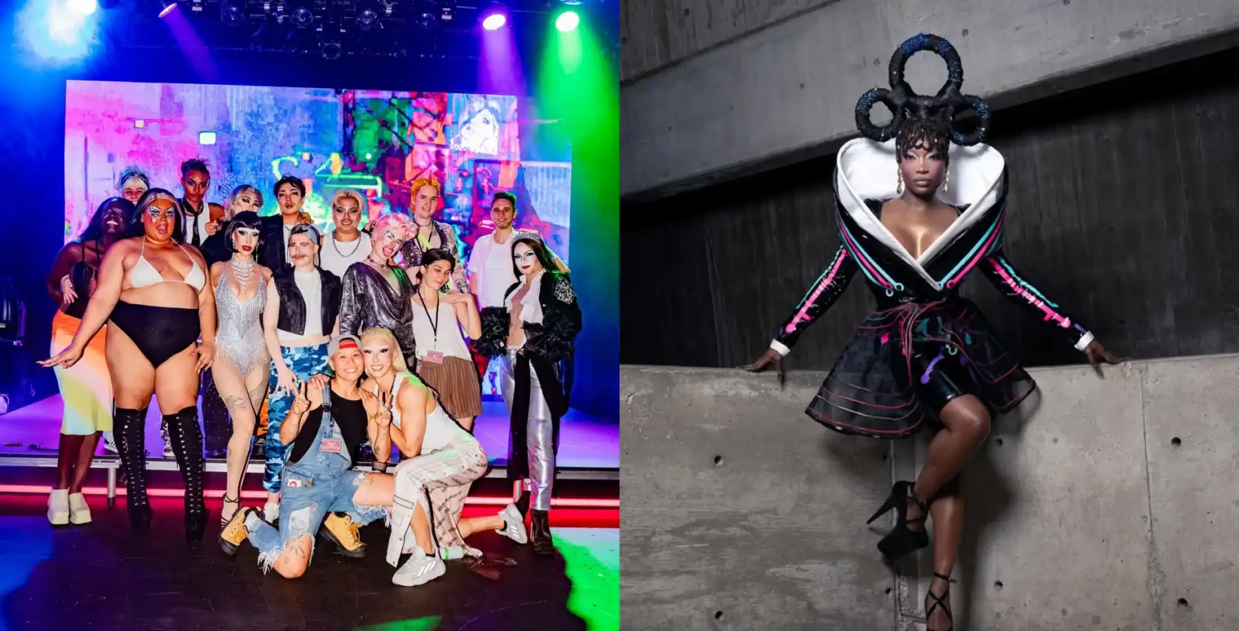 Diverse drag performers at Vancouver Pride event with vibrant stage lighting.
