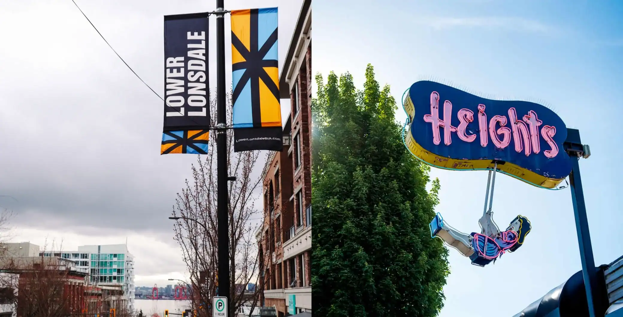 Lowers Lonsdale banner and Heights sign in Vancouver neighborhood.