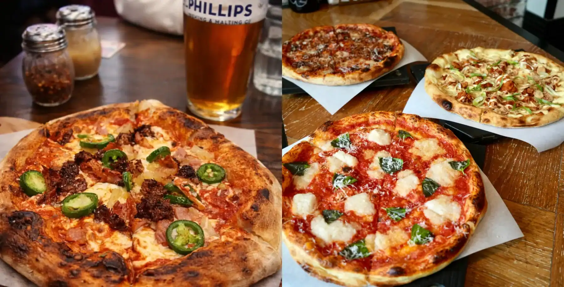 Three delicious pizzas with various toppings on a wooden table.