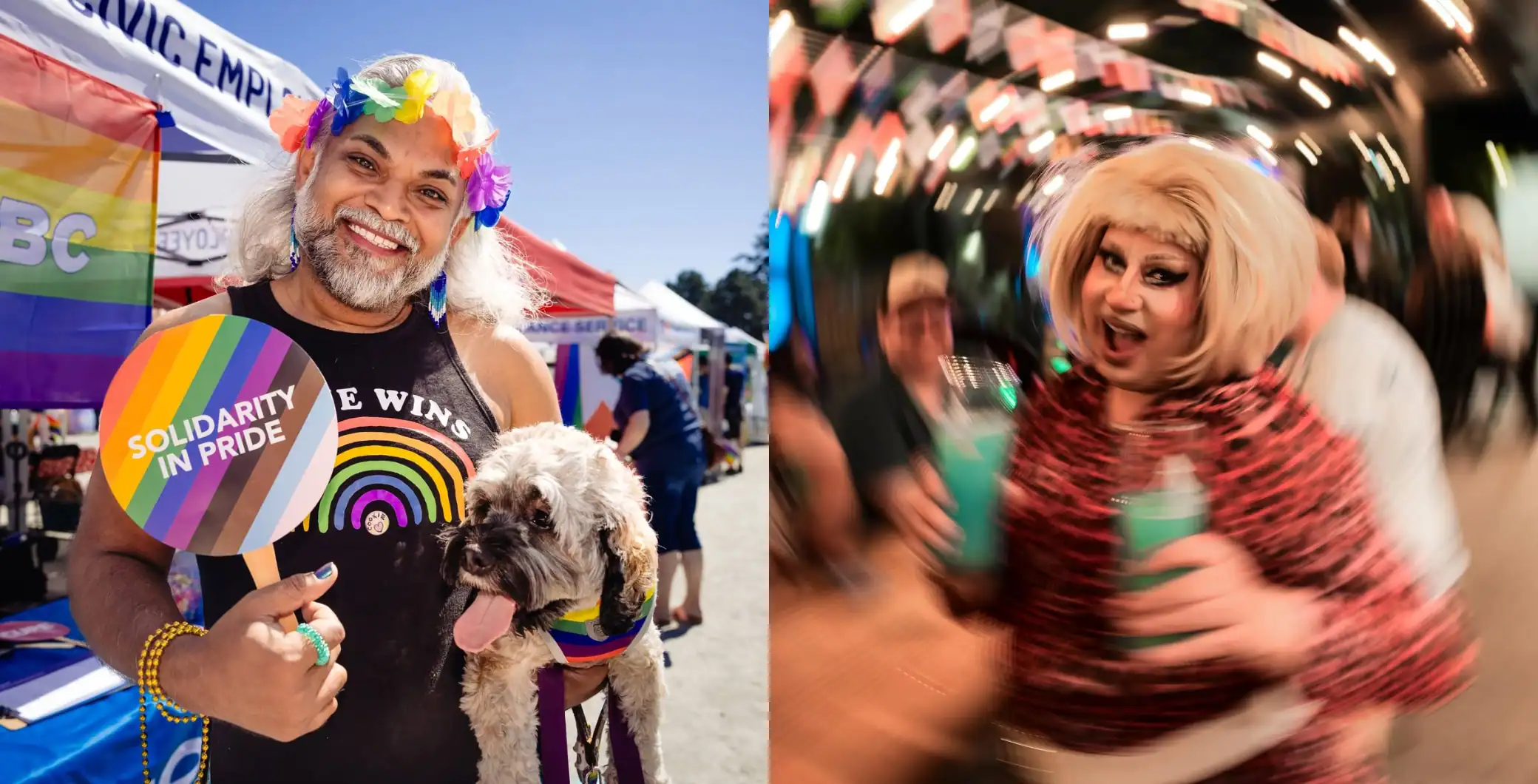 Celebrating Pride with rainbow flags and festive costumes at a summer event.