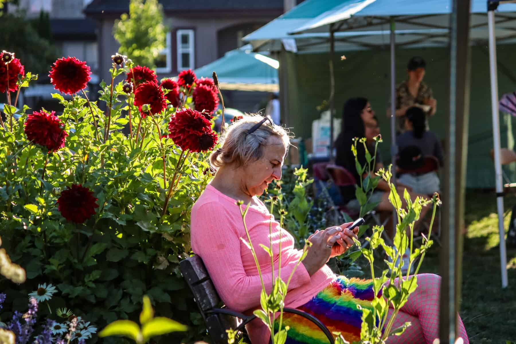 Woman in pink sweater using smartphone at outdoor event with flowers and tents.