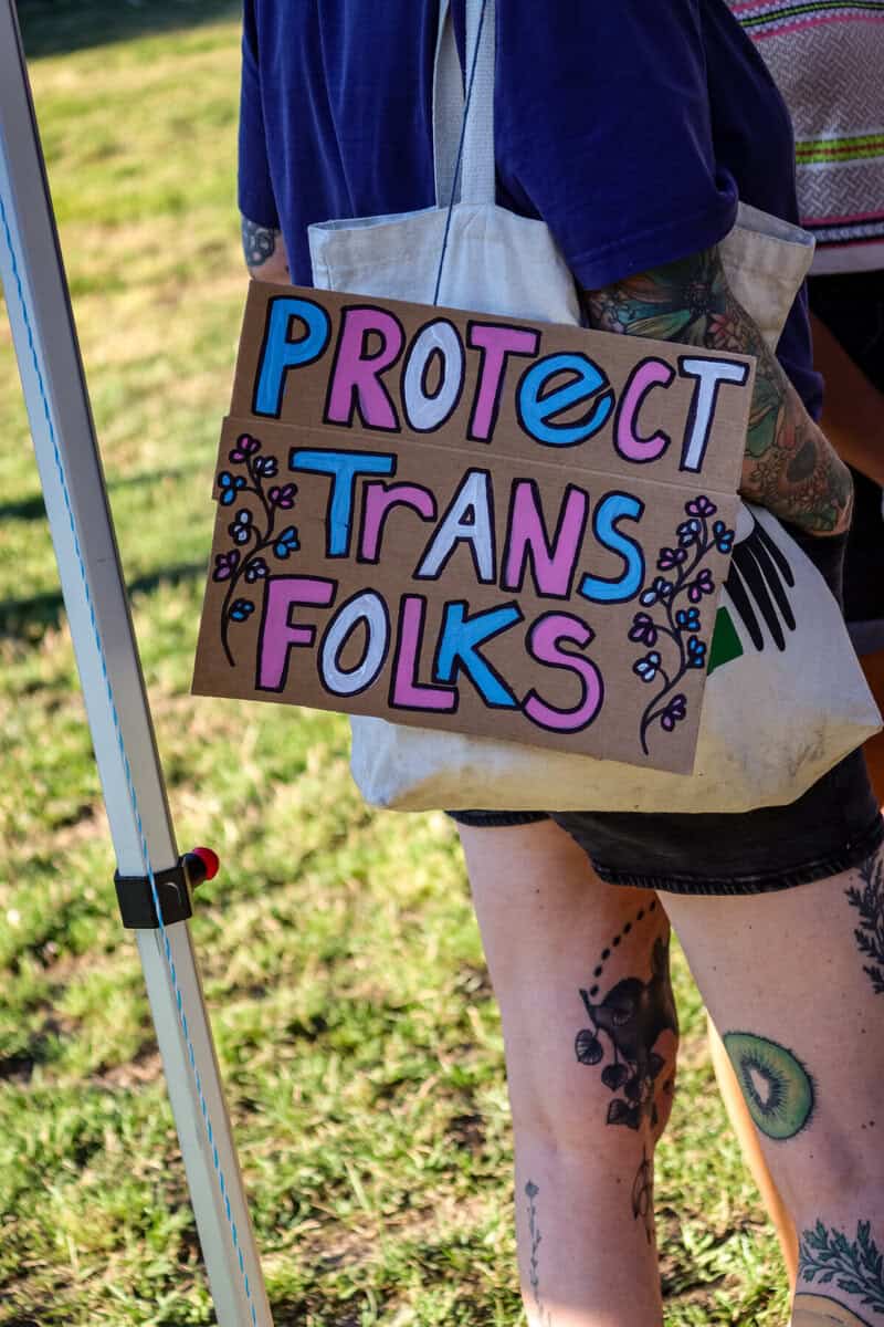 Protest sign reading 'Protect Trans Folks' at Vancouver Trans March 2026.
