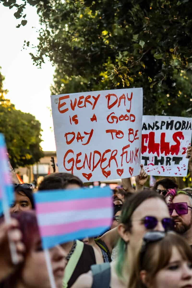 Protest sign reading 'Every day is a good day to be gender fun' at Vancouver Trans March.