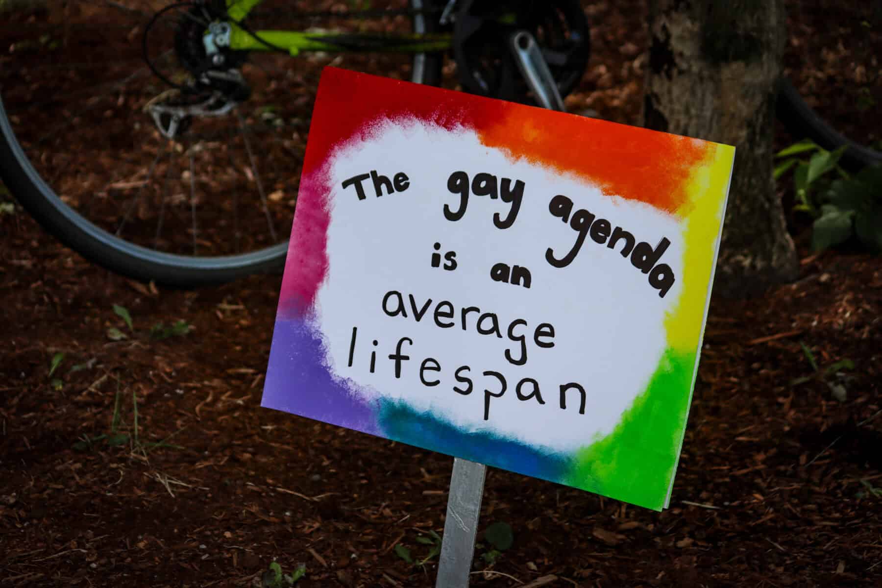 Rainbow-colored sign with the message about the gay agenda and lifespan.