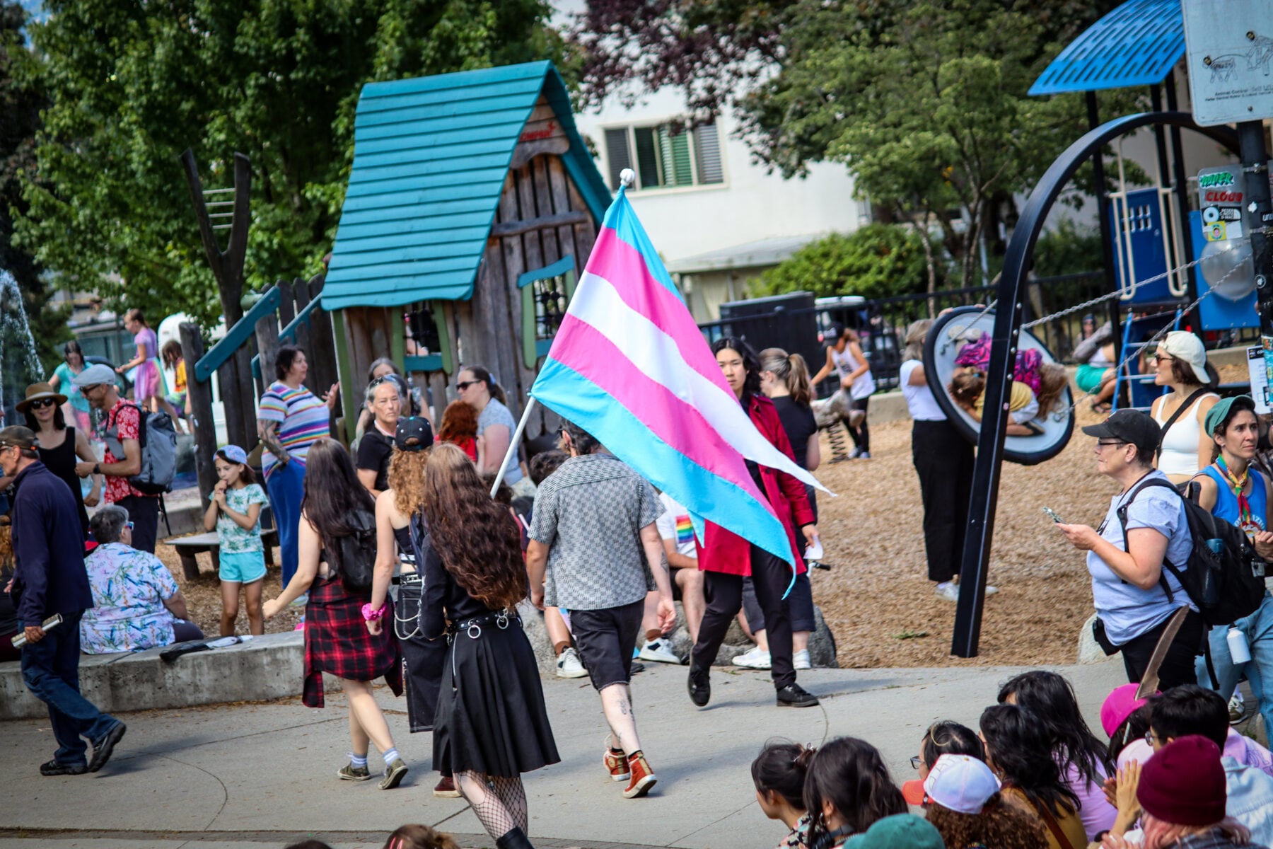 Transgender pride flag at a lively outdoor community event in Canada.