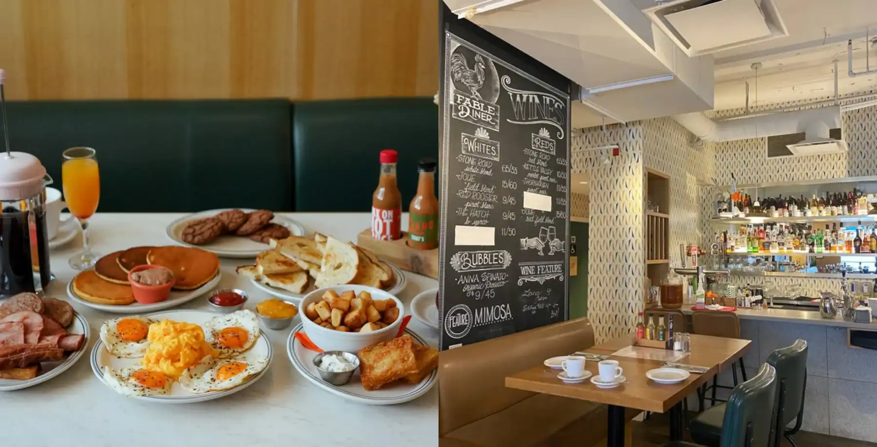 Breakfast spread with eggs, sausages, toast, and drinks at Now Canada cafe.