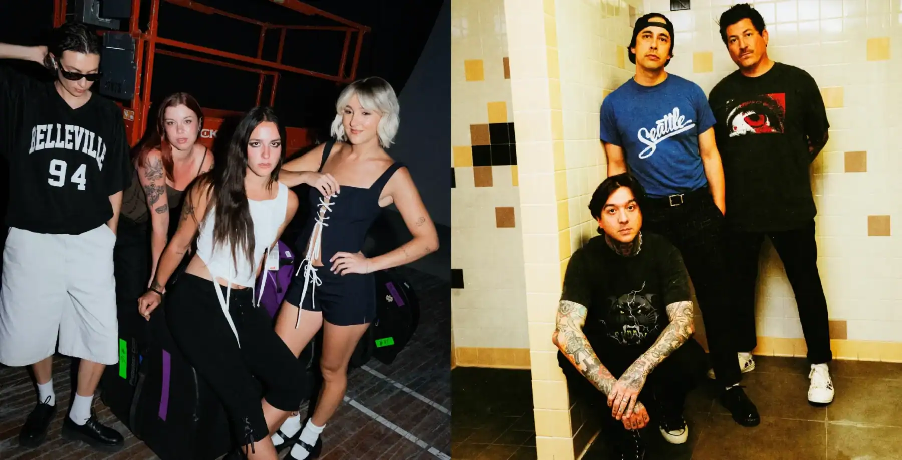 Group of young people at a music event, some with tattoos and casual attire.