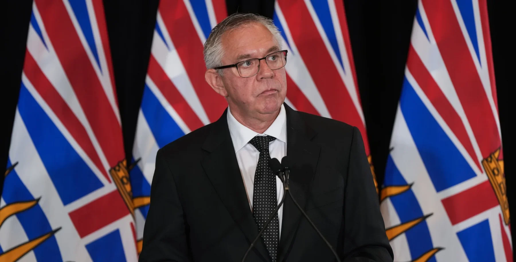 Lorne Doerkson at podium with Canadian flags in background.