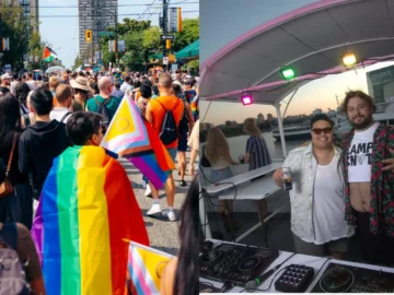 Vancouver Pride parade with rainbow flags and diverse crowd celebrating.