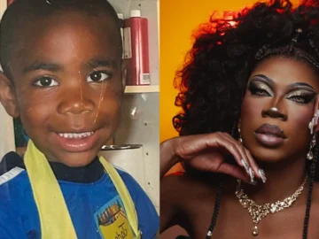 Side-by-side images of a young boy and a drag performer with curly hair.