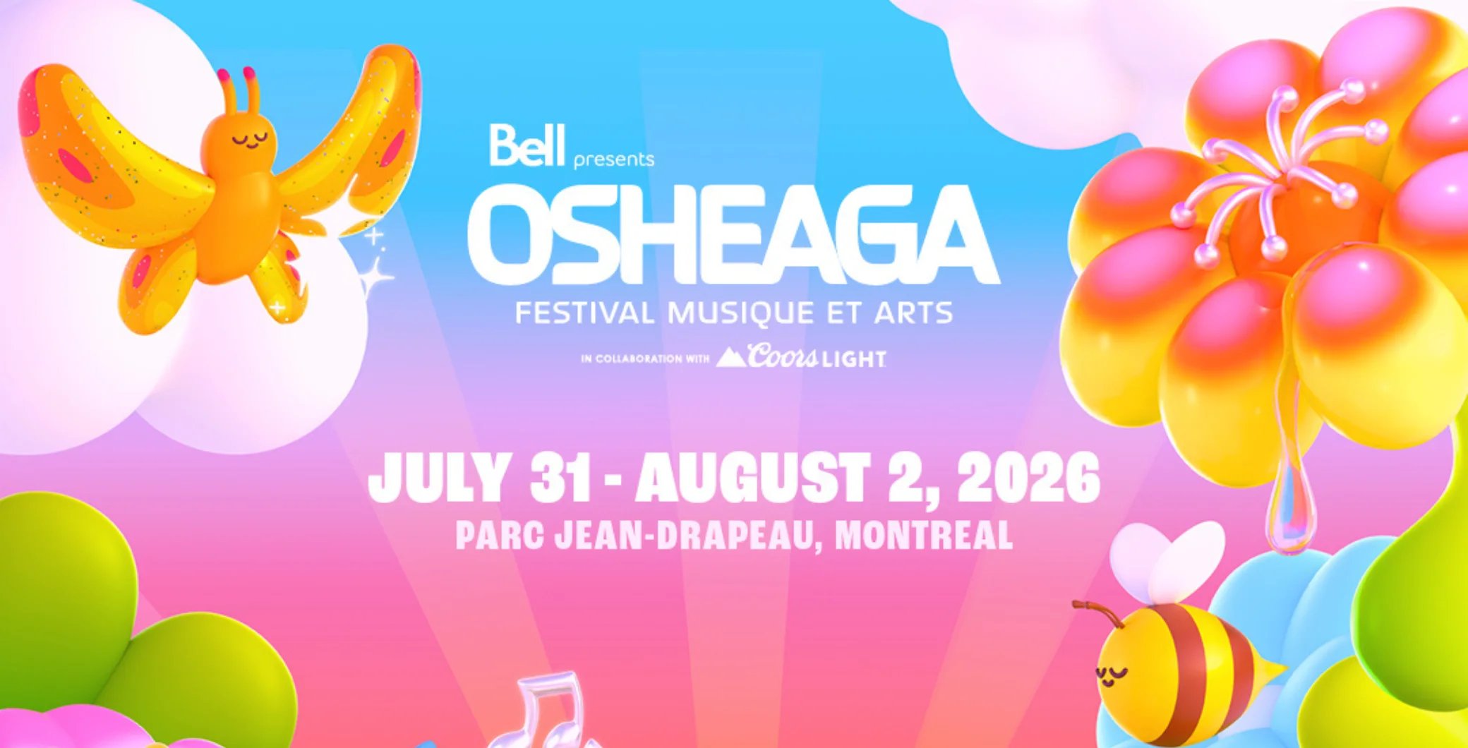 Colorful festival poster for Osheaga Music and Arts Festival 2026 in Montreal.