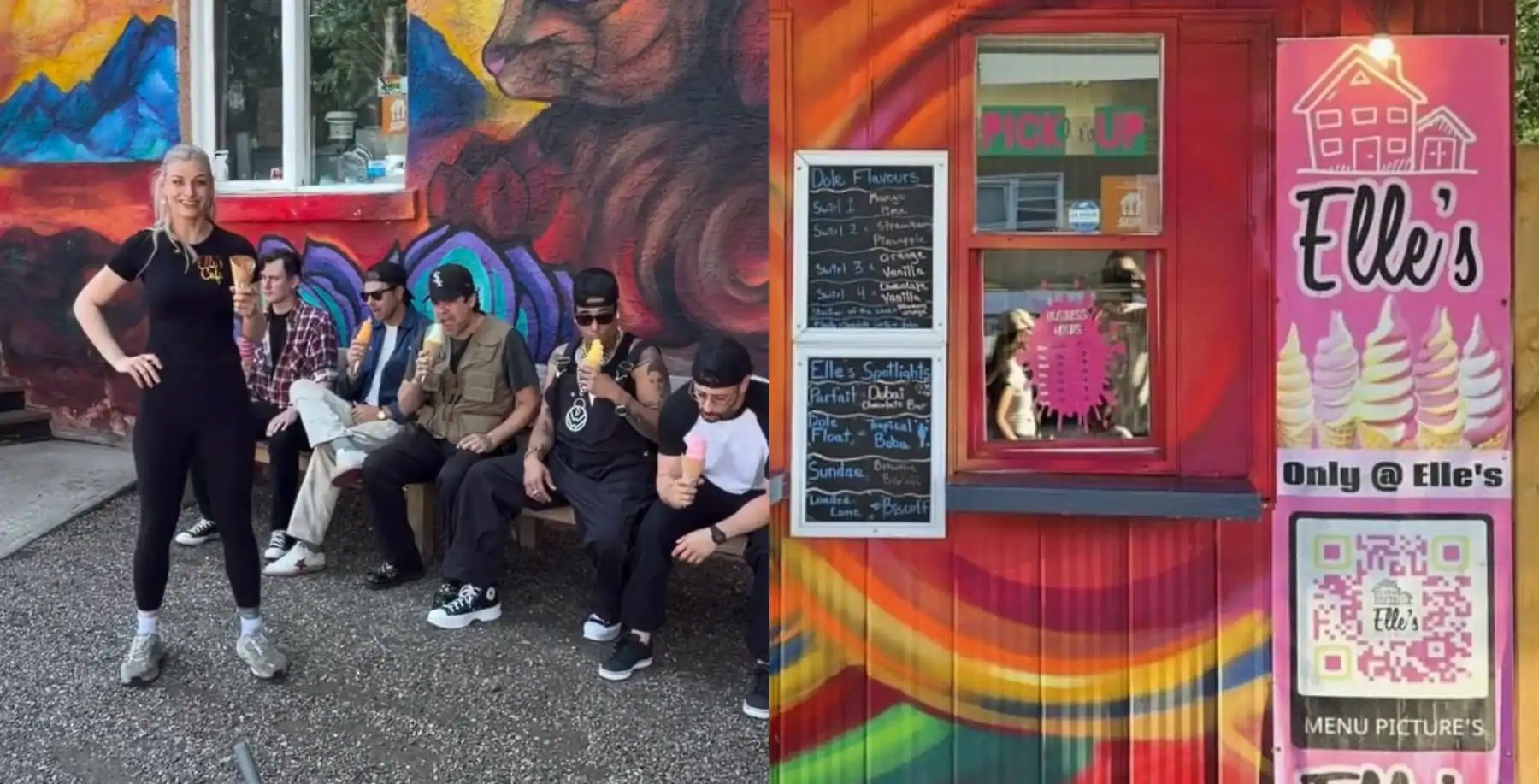 Group of people sitting outside Elle's Cafe with colorful mural background.