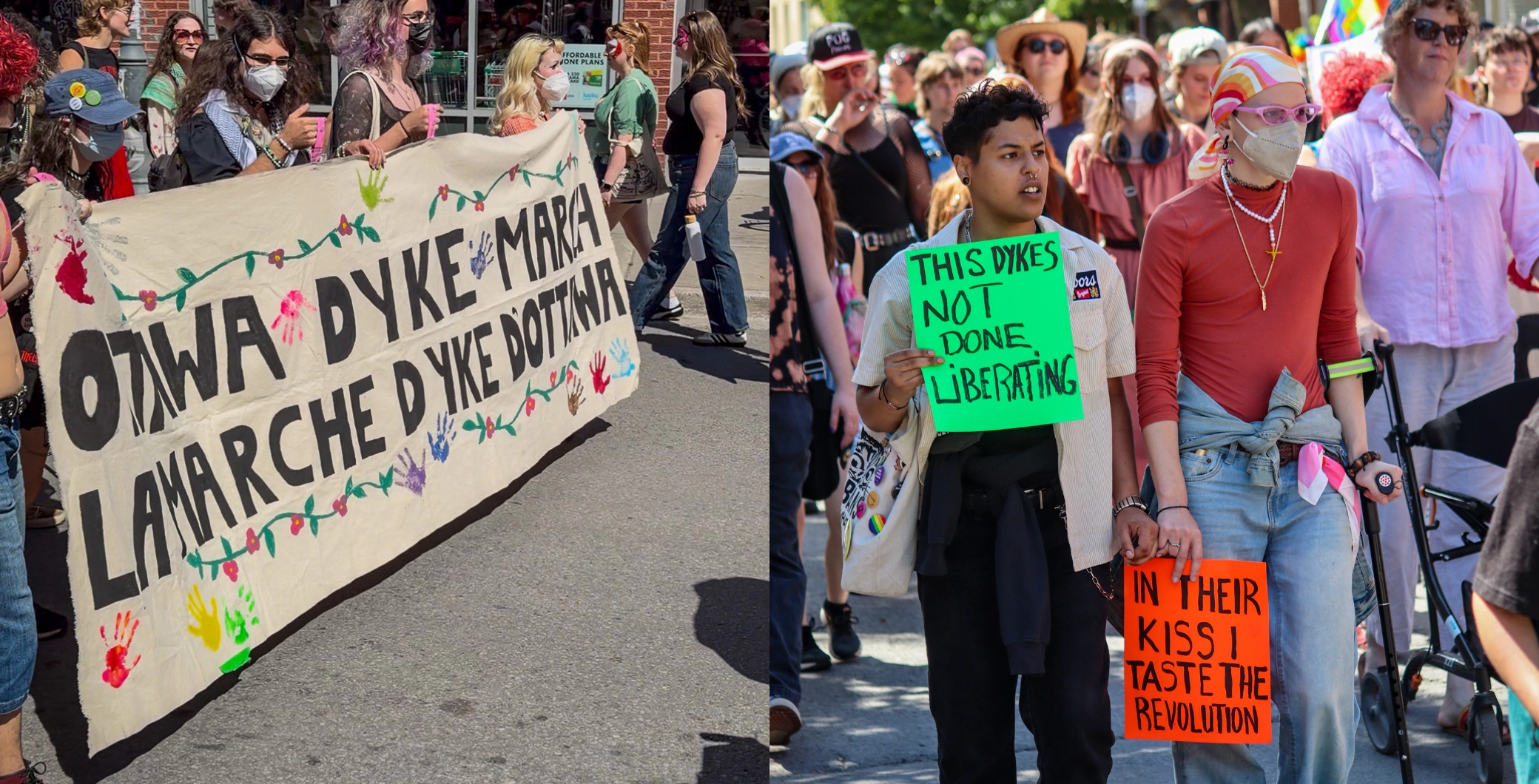 Protesters at a pride march holding signs and a banner in Toronto, Canada.