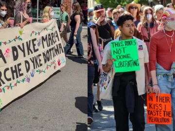 Protesters at a pride march holding signs and a banner in Toronto, Canada.